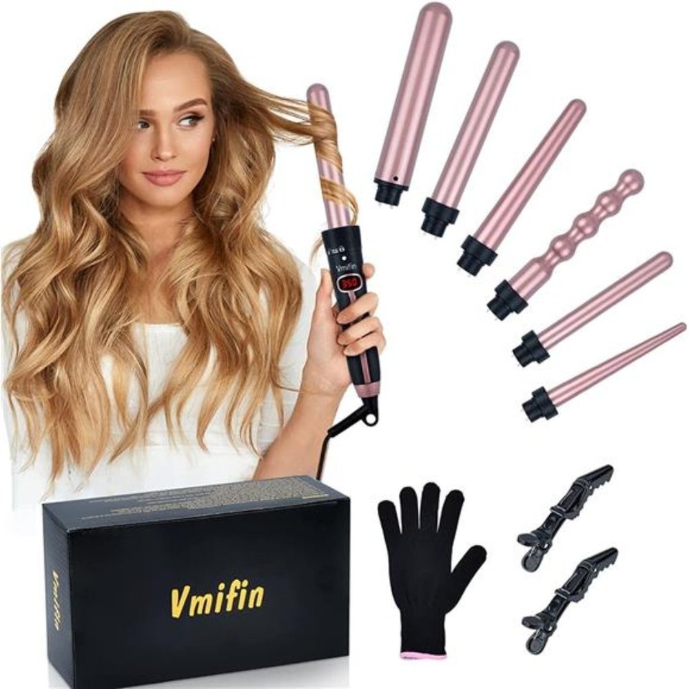 Curling Iron Wand Set, Professional 6 in 1 Beach Waver with Spiral Barrel